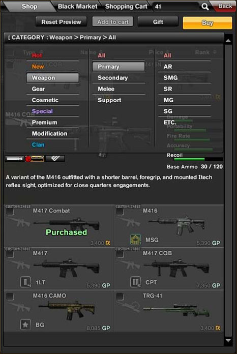 The shop is where all directly purchasable items in Combat Arms can be found, including most of the massive arsenal of Combat Arms Weapons! Items can be purchased for GP, which is earned through in-game play, or Gcoins, which can be charged via PayPal, Karma Koin, Credit Card or other sources.<br>Either use the Search Bar to search for an item by name, or use the filter tab to narrow things down so you can browse through the shop. Filter categories include.
